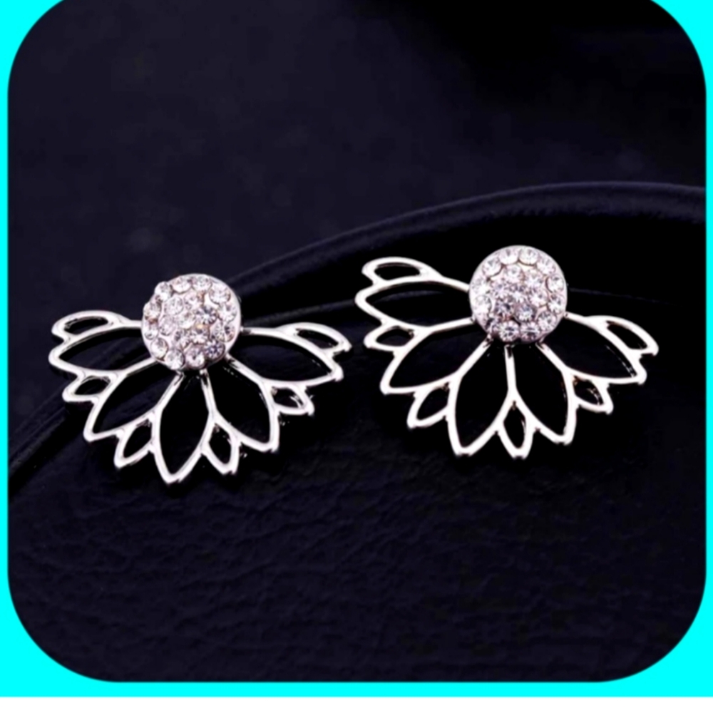Backed By Floral Silver and White Rhinestone Ear Jacket Earrings Euc